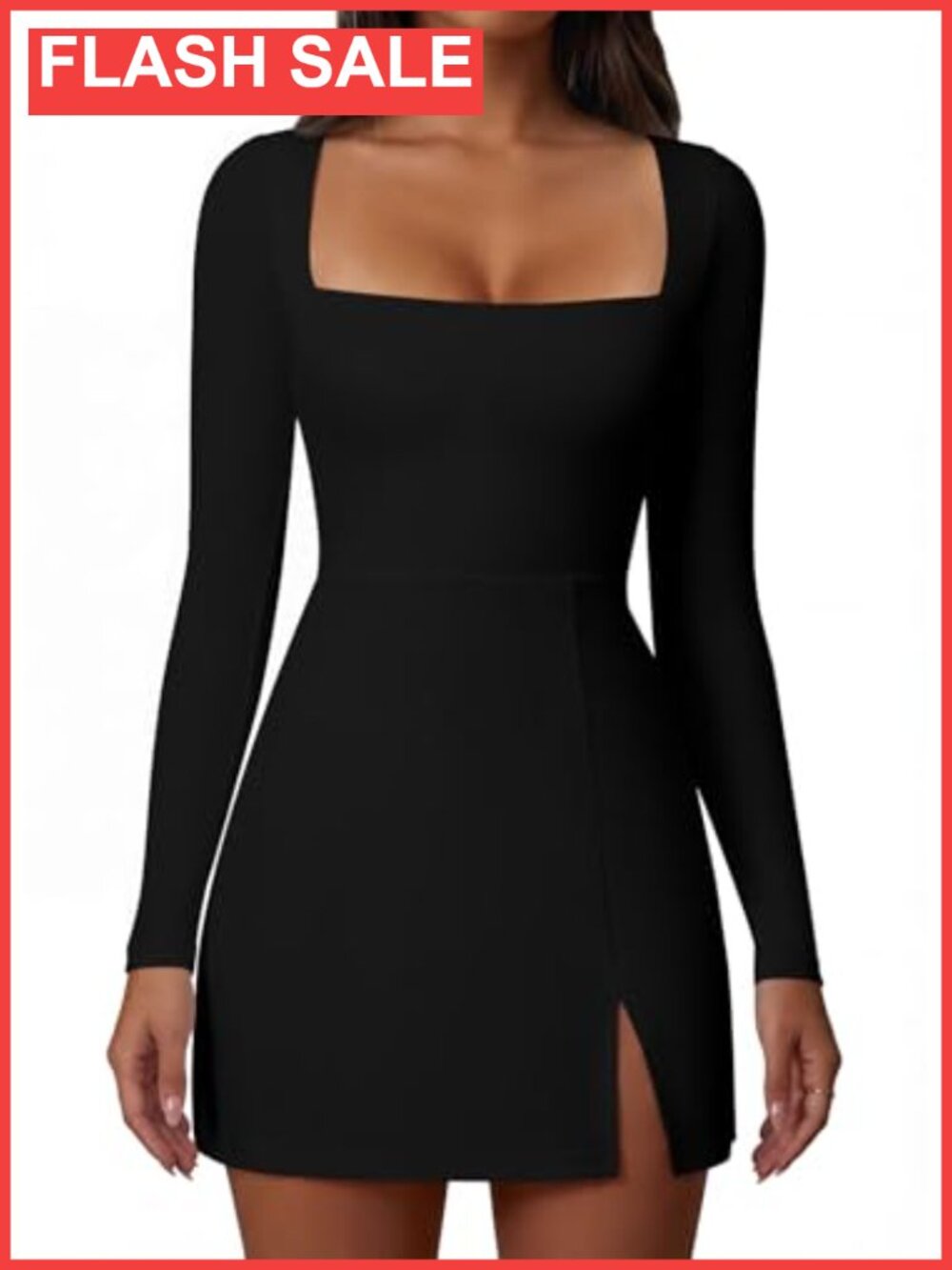 Women's Square Neck Long Sleeve A-Line Mini Dress Side Slit Cocktail Party